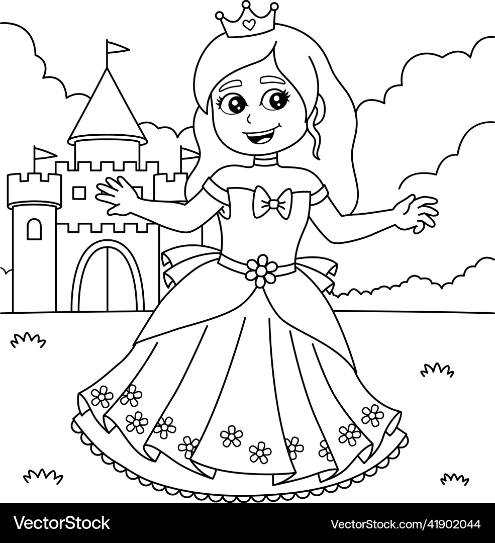 Princess Coloring Page - Castle Scene Royalty Free Vector