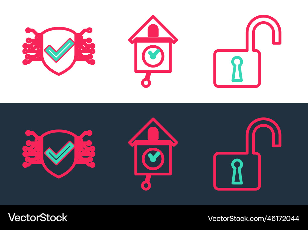 Set line open padlock cyber security and retro vector image