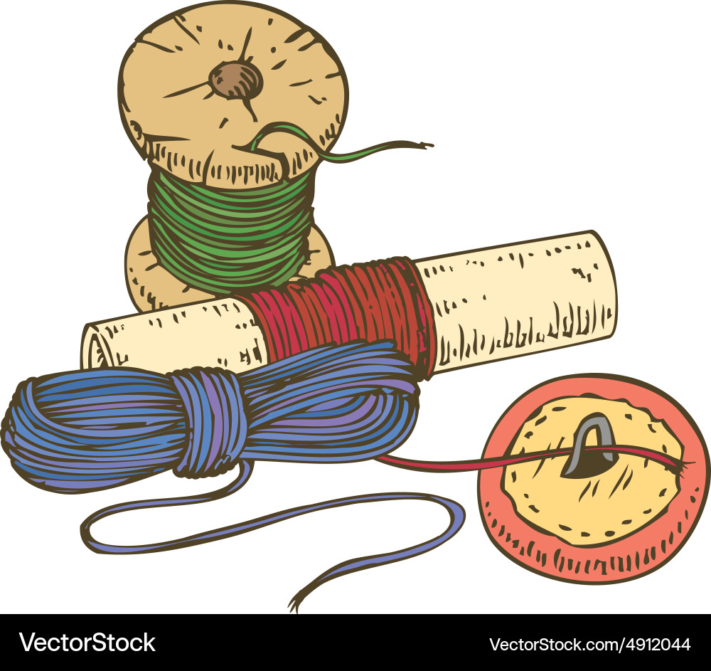 Three color spools of thread and button Vector Image