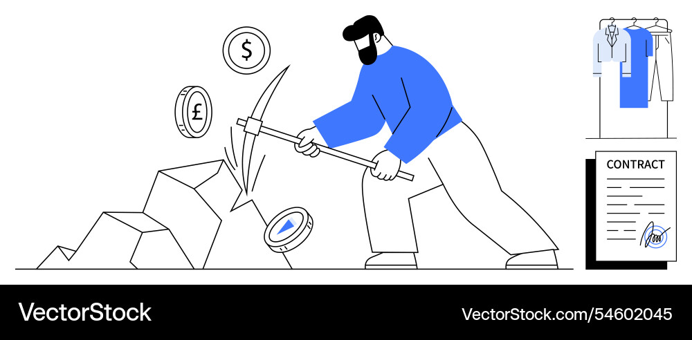 Man mining with pickaxe to uncover currency Man mining with pickaxe to uncover currency vector image