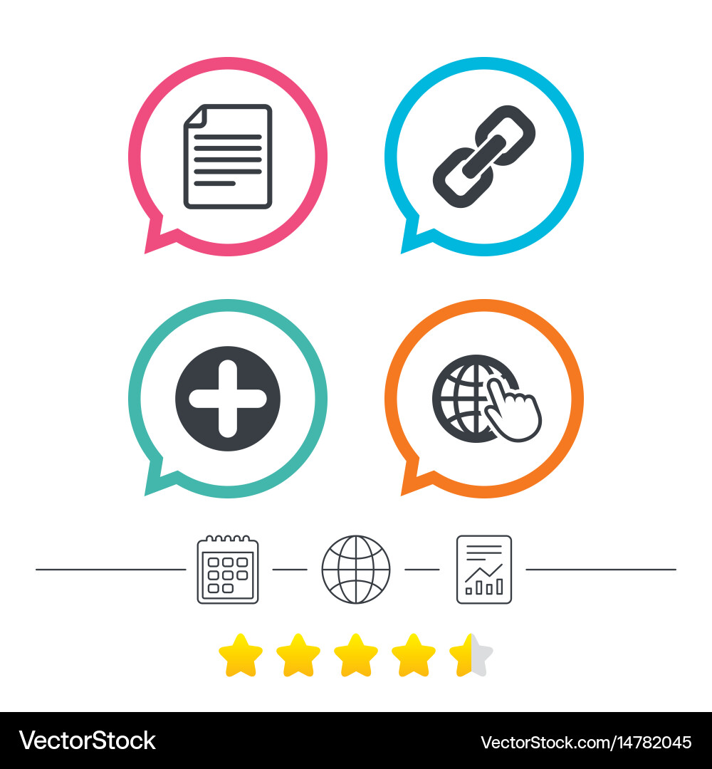 Plus circle and hyperlink signs file globe vector image