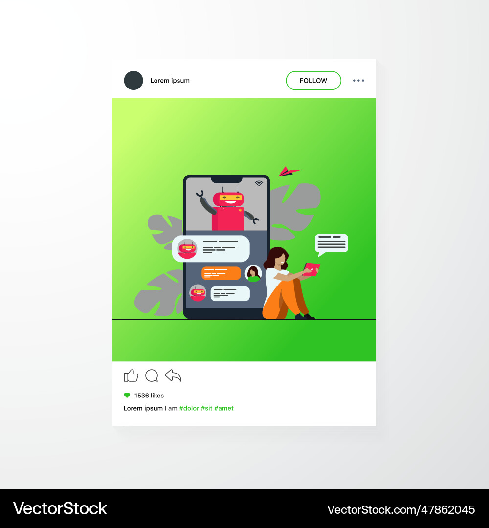 Tiny woman using mobile assistant with chatbot Vector Image