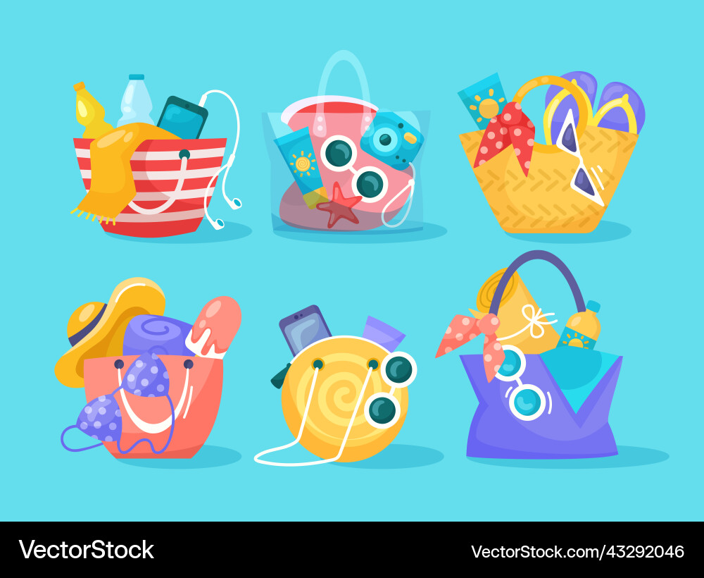 Beach bags with different objects set Vector Image