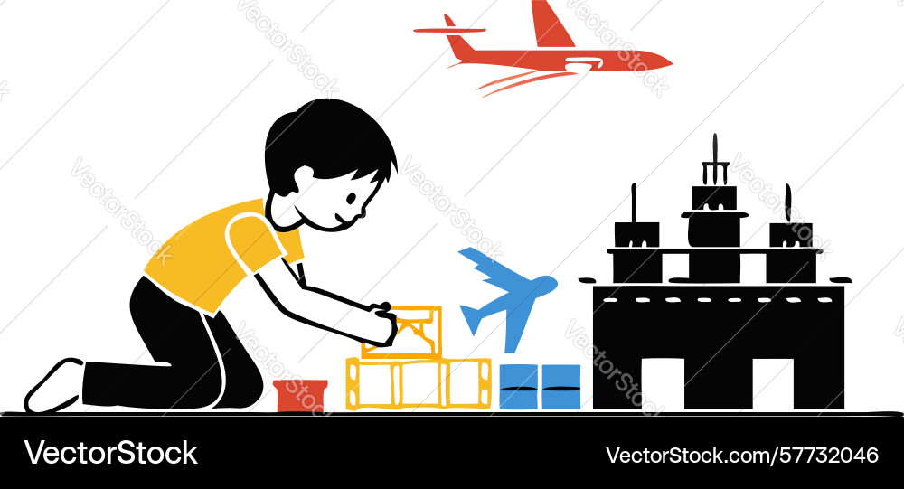 Child constructing with blocks and airplane vector image