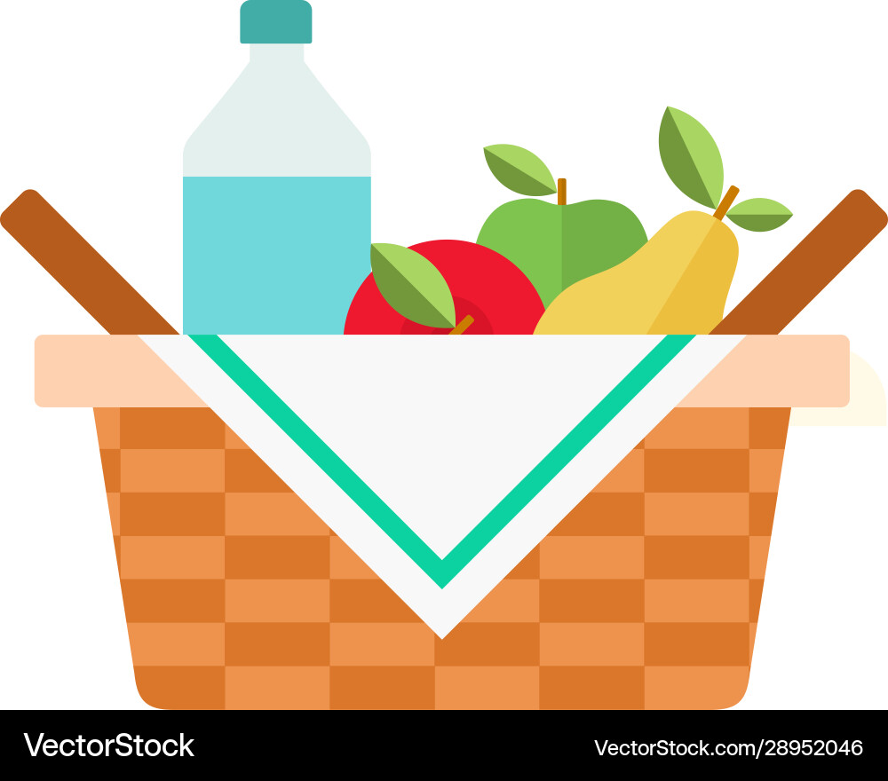 Picnic basket with fruit and water icon flat Picnic basket with fruit and water icon flat vector image