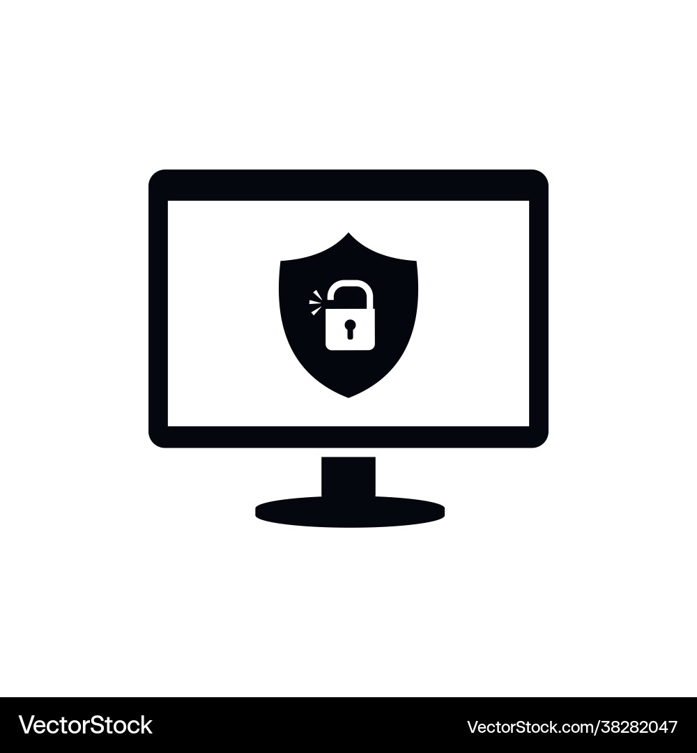 A computer and shield with an open lock vector image