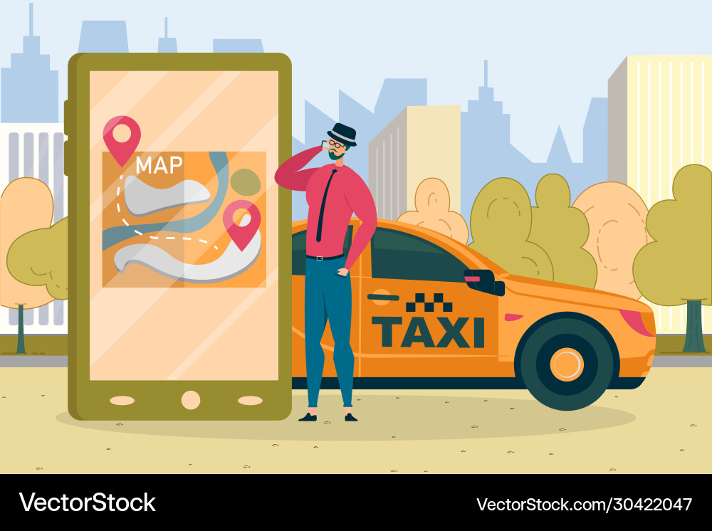 Man dialing taxi service hotline trying to get car Man dialing taxi service hotline trying to get car vector image