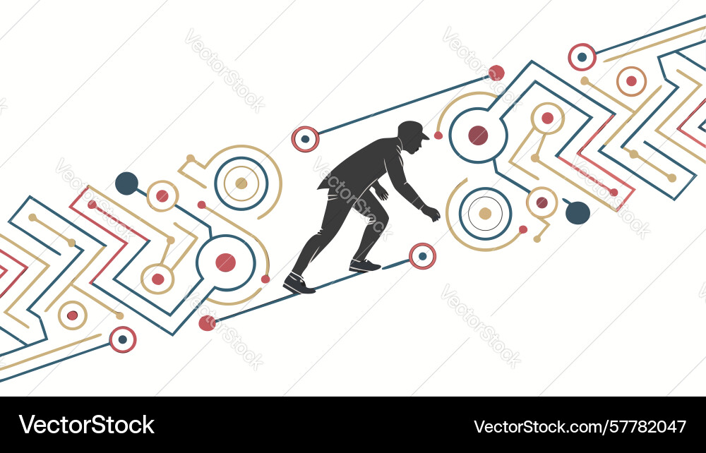 Person navigating circuit path symbolizing vector image