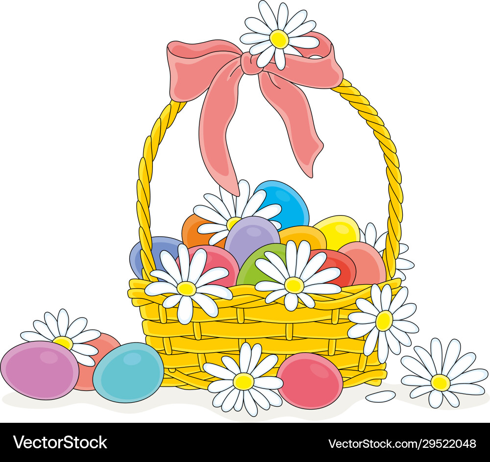 Easter basket with flowers and painted eggs Easter basket with flowers and painted eggs vector image