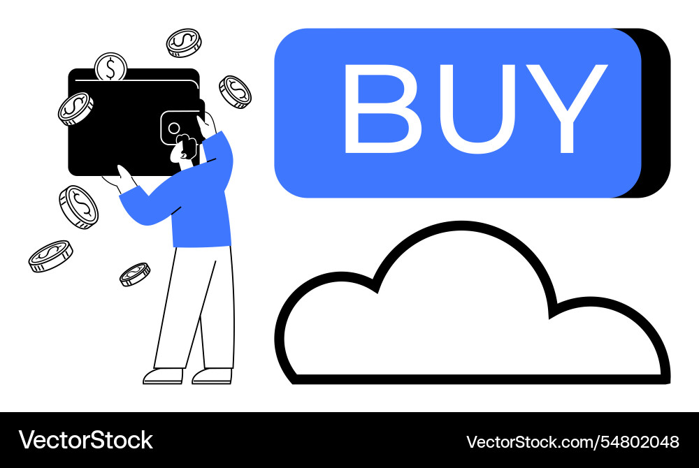 Man holding wallet with coins and large buy button Man holding wallet with coins and large buy button vector image