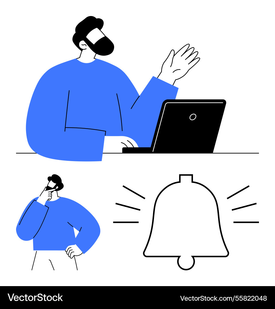Man using laptop thinking and notification bell Man using laptop thinking and notification bell vector image