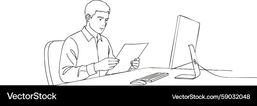 Man Working on Computer at Desk Vector Image