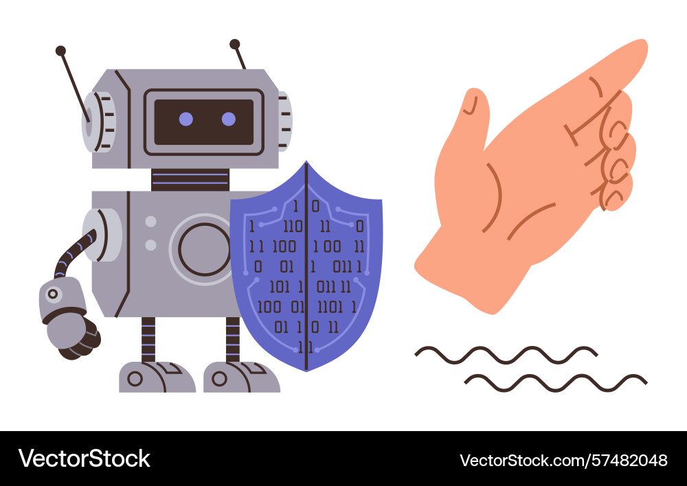 Robot with binary shield alongside a human hand Robot with binary shield alongside a human hand vector image