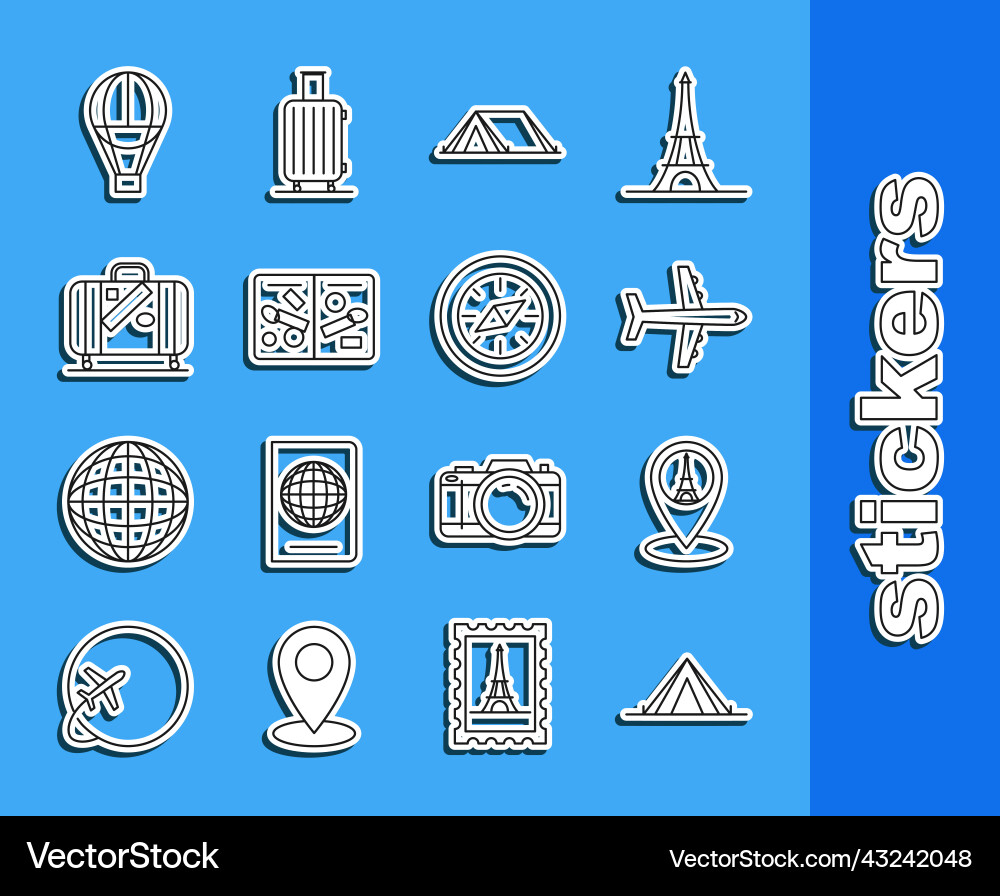 Set line tourist tent map pointer with eiffel vector image