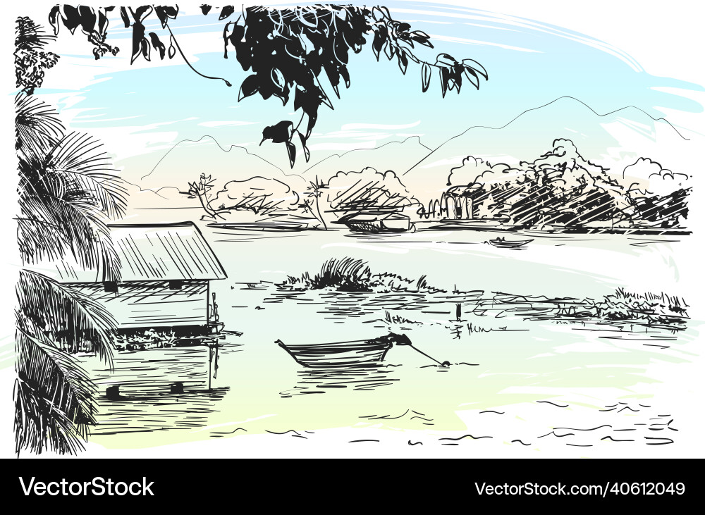 Skizze von Boot und Haus am Fluss im Südosten Skizze von Boot und Haus am Fluss im Südosten vektorbild