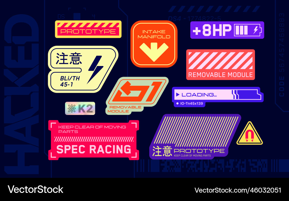 Cyberpunk decals set of stickers Cyberpunk decals set of stickers vector image