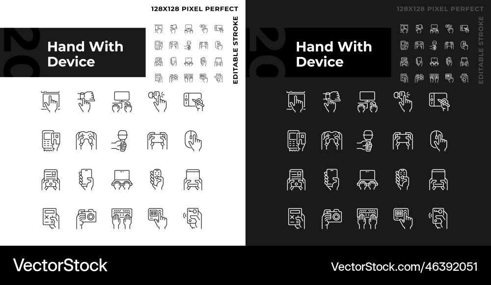 Hands with devices pixel perfect linear icons set Hands with devices pixel perfect linear icons set Vector Image