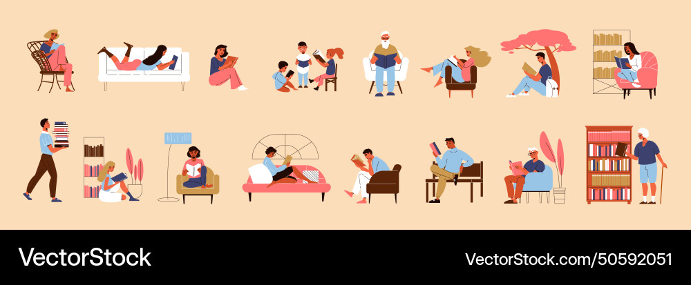 Reading books set Royalty Free Vector Image - VectorStock