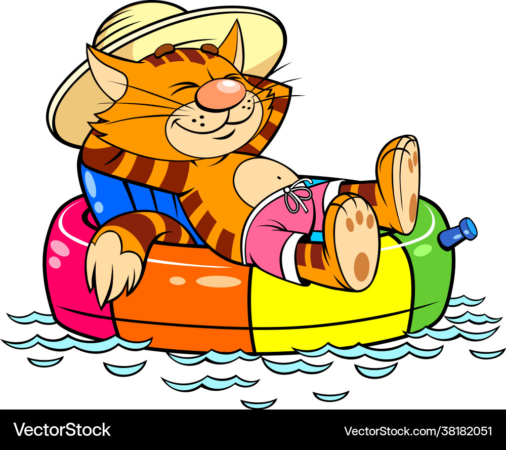 Red cat floating on an inflatable circle Vector Image