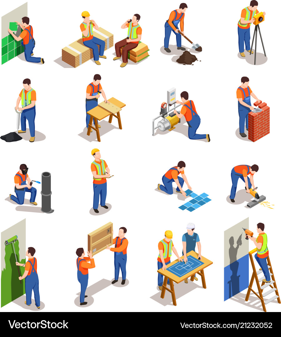 Construction workers isometric people Royalty Free Vector