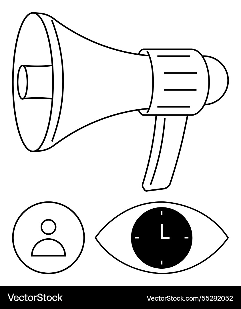 Megaphone with user icon and eye clock symbolizing Megaphone with user icon and eye clock symbolizing vector image