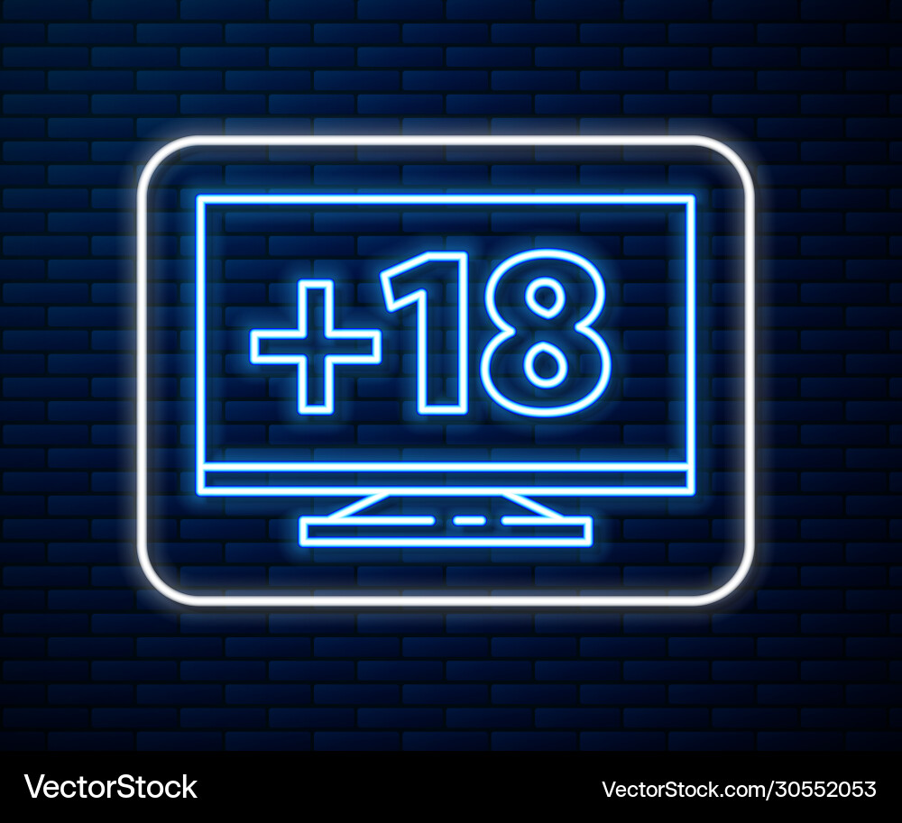 Glowing neon line computer monitor with 18 plus Glowing neon line computer monitor with 18 plus vector image