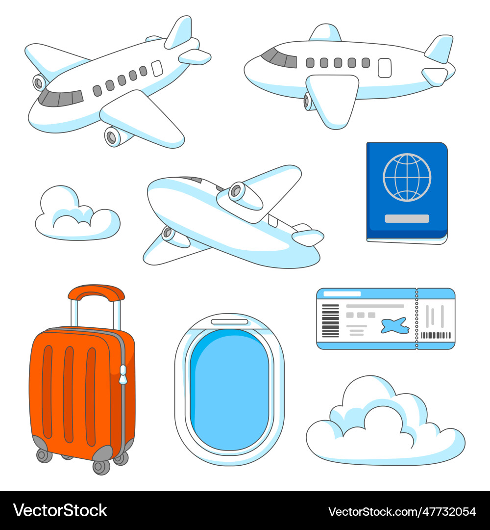 Reise-Symbole setzen Flugzeuge Koffer Ticket Reise-Symbole setzen Flugzeuge Koffer Ticket vektorbild