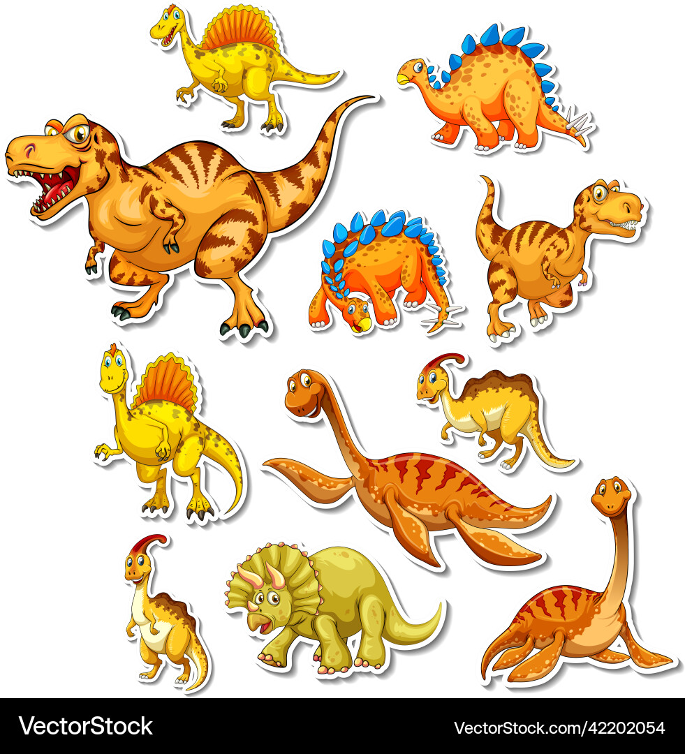 Sticker set of different dinosaurs cartoon vector image