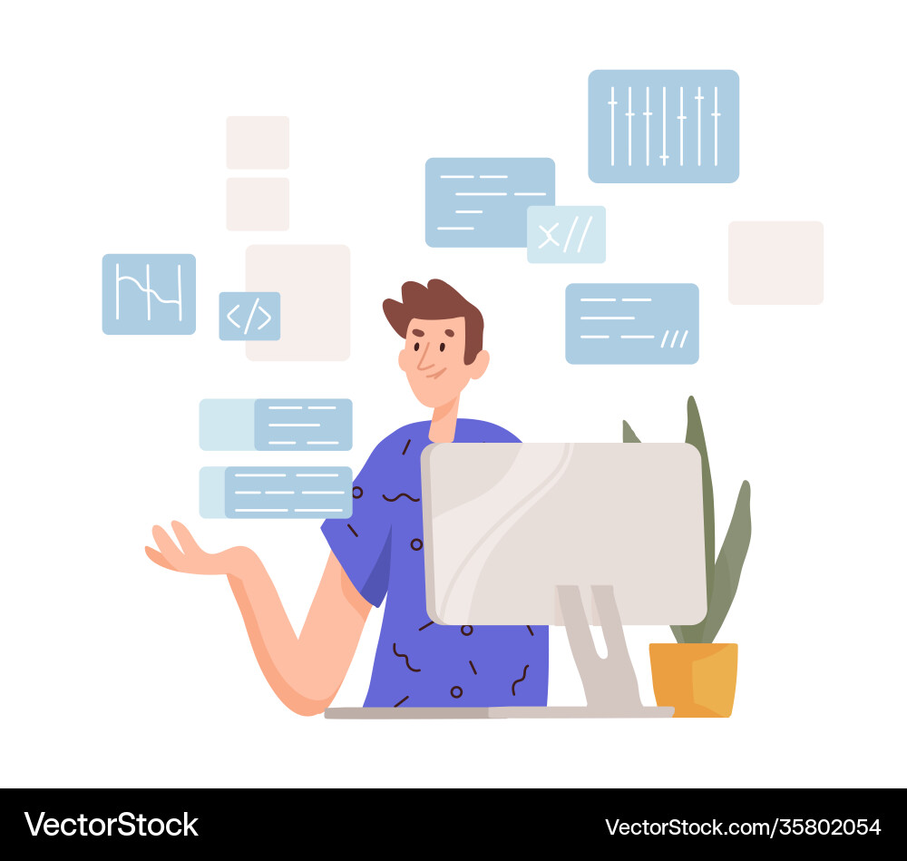 Thoughtful man working at computer programmer Thoughtful man working at computer programmer vector image