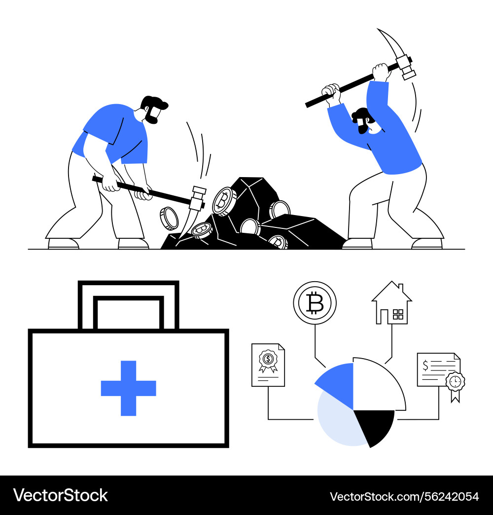 Workers mining resources with hammer and pickaxe Workers mining resources with hammer and pickaxe vector image