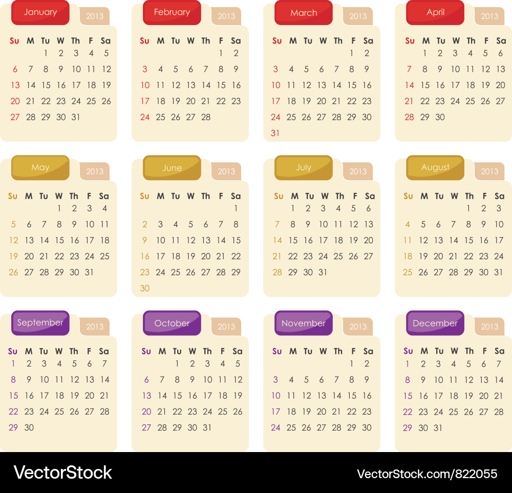 2013 Calendar - Monthly View Vector Image