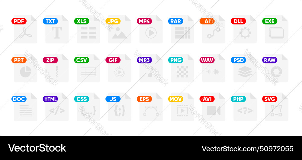 File Type Icon Set - Document & Media Formats vector image
