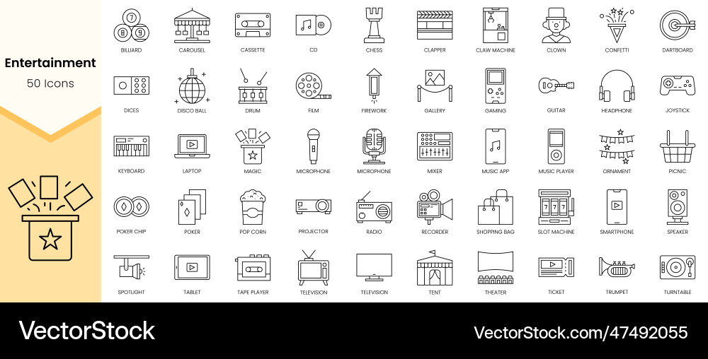 Simple outline set of entertainment icons linear Vector Image