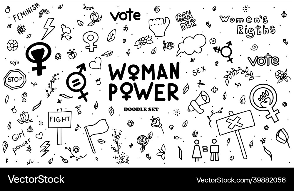 Eine Reihe von Doodle Zeichen feminismus Frauen Rechte Eine Reihe von Doodle Zeichen feminismus Frauen Rechte vektorbild
