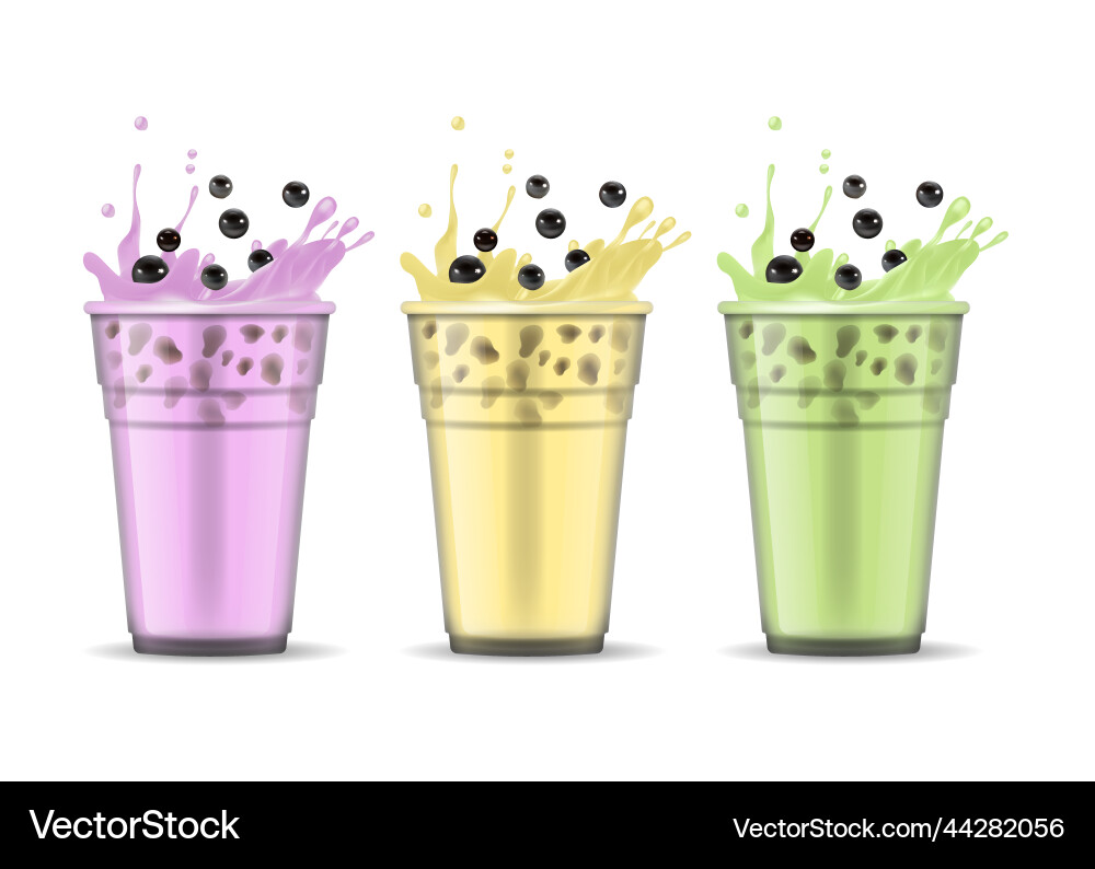 Realistic detailed 3d bubble milk tea set Vector Image
