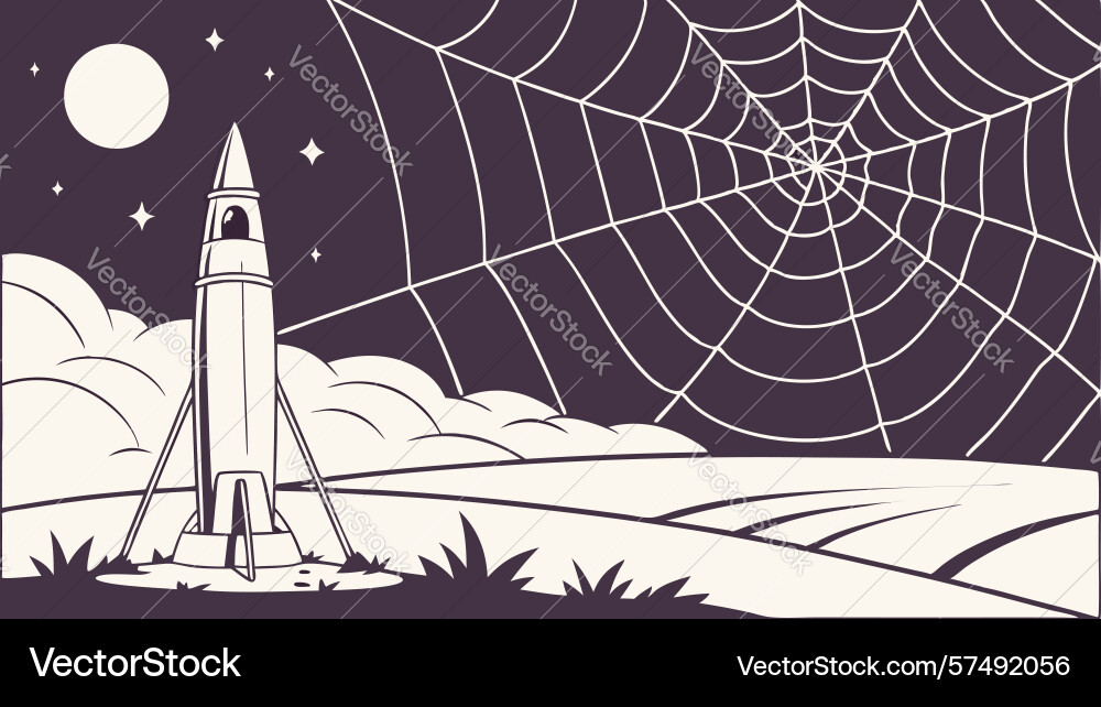 Rocket in abstract cobweb design interconnected vector image
