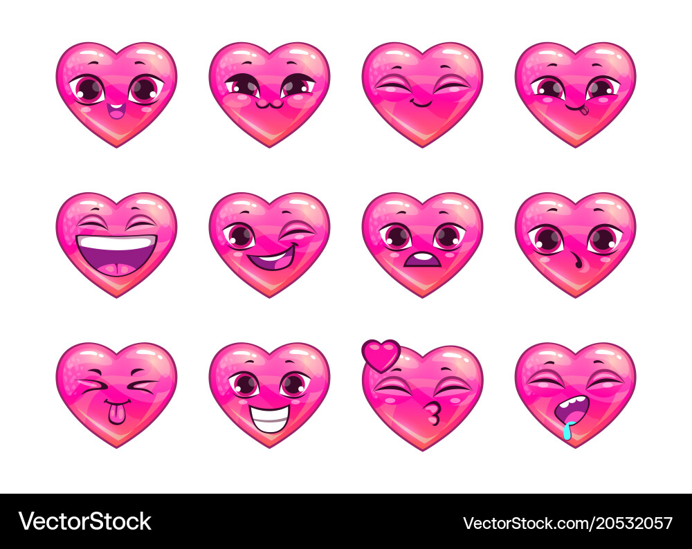 Cute cartoon pink heart emoji set Royalty Free Vector Image