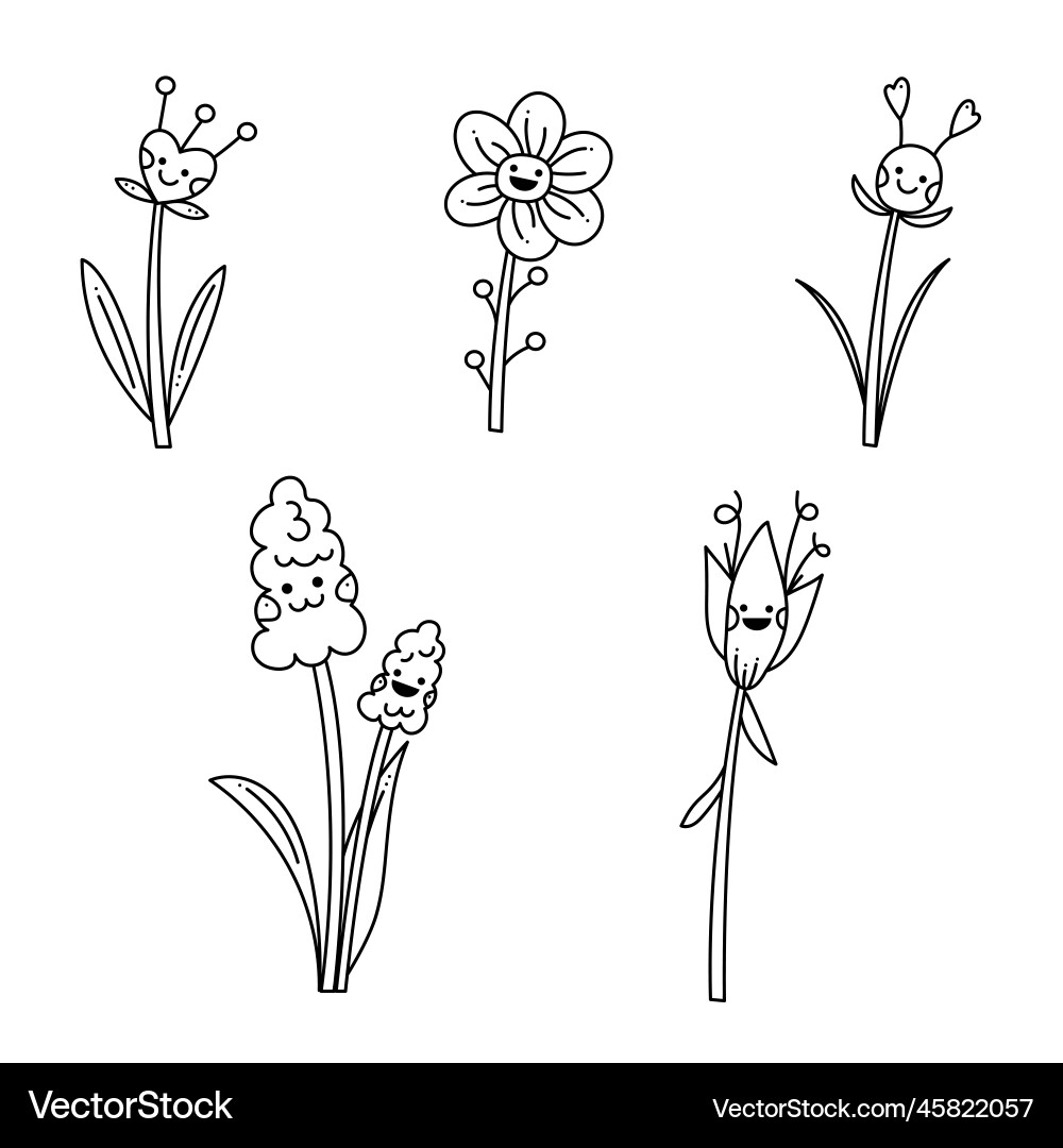 Set with 5 flowers characters doodle abstract Vector Image