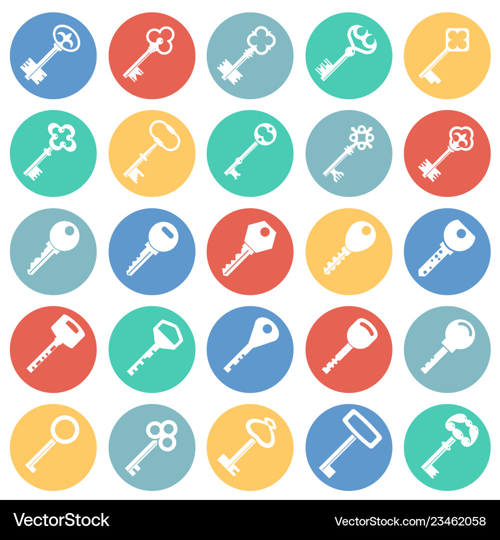Keys icons set on color circles background Keys icons set on color circles background Vector Image