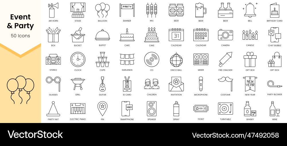 Simple outline set of event and party icons Simple outline set of event and party icons Vector Image
