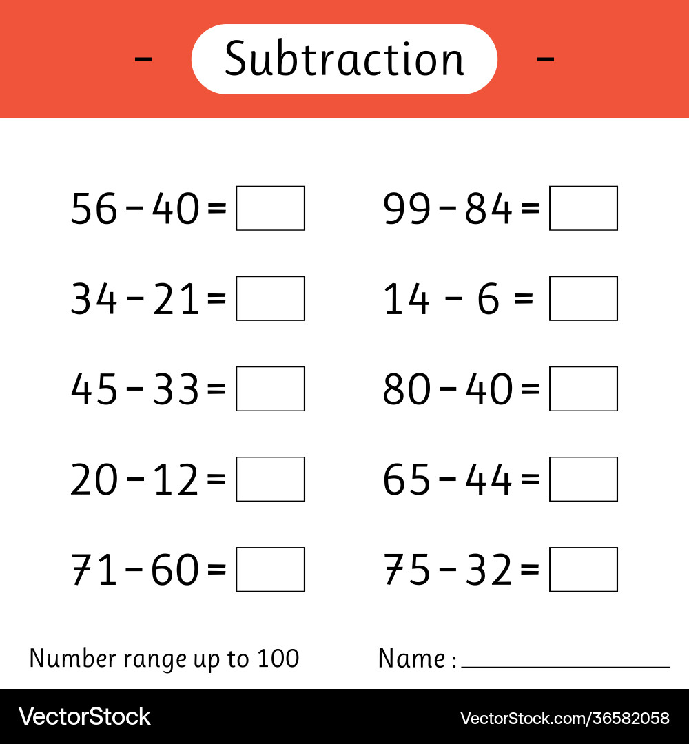 Subtraction number range up to 100 mathematics Vector Image