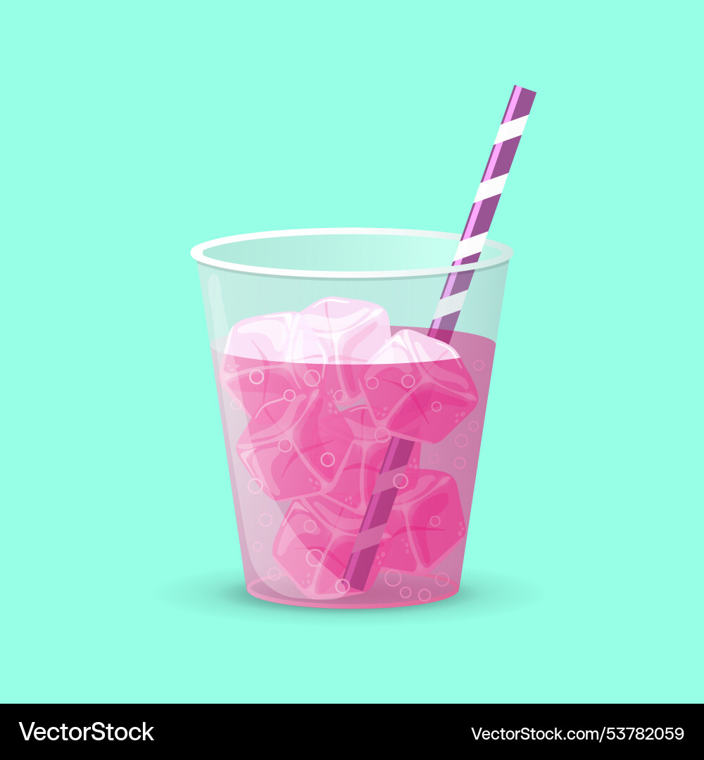 Ice cubes in red drink with bubbles and straw Vector Image