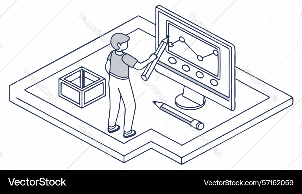 Isometric person designing on computer with tools vector image