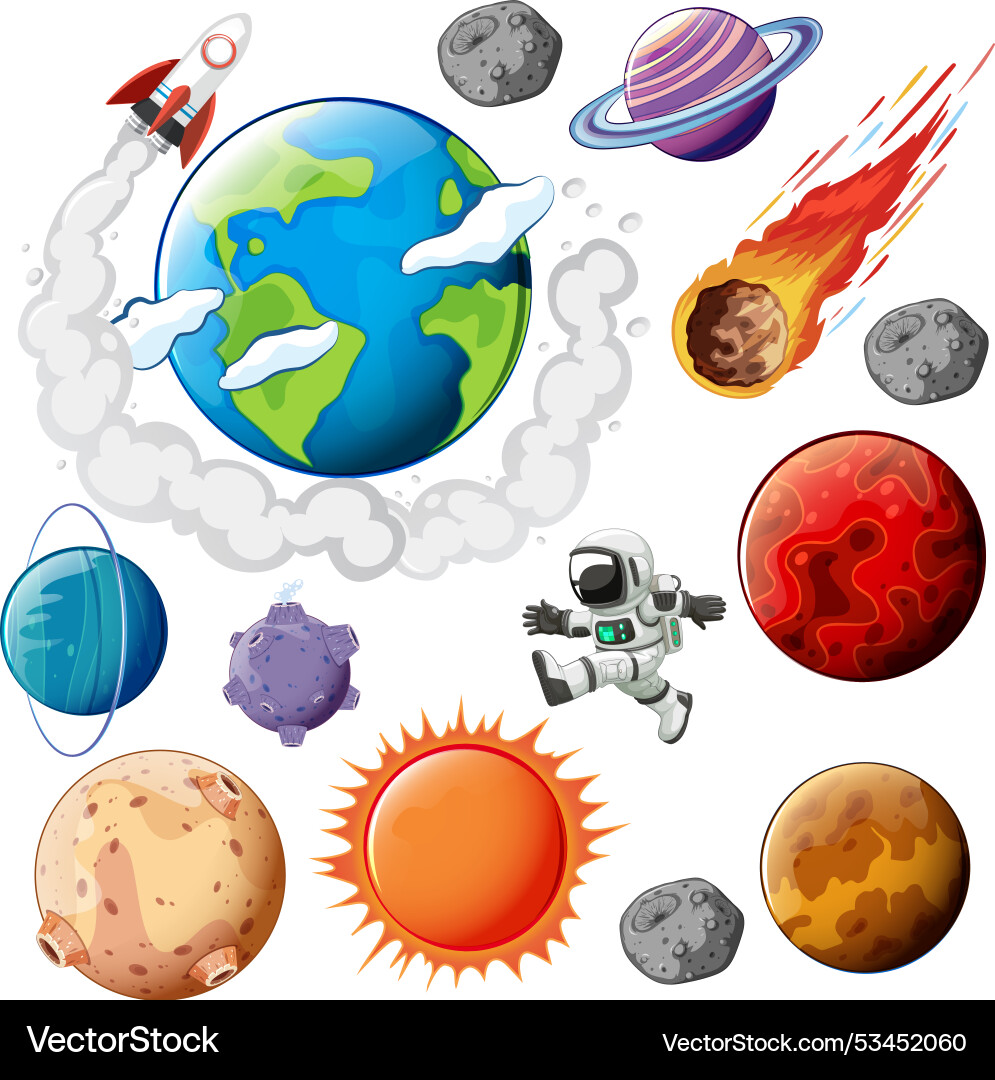 Planets astronaut and rocket in outer space Planets astronaut and rocket in outer space vector image