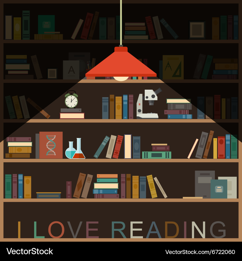 Reading Banner with Bookshelf & Lamp Vector Image