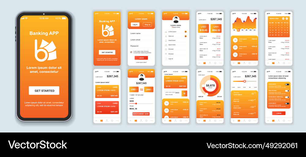 Banking mobile app interface screens template set Banking mobile app interface screens template set vector image