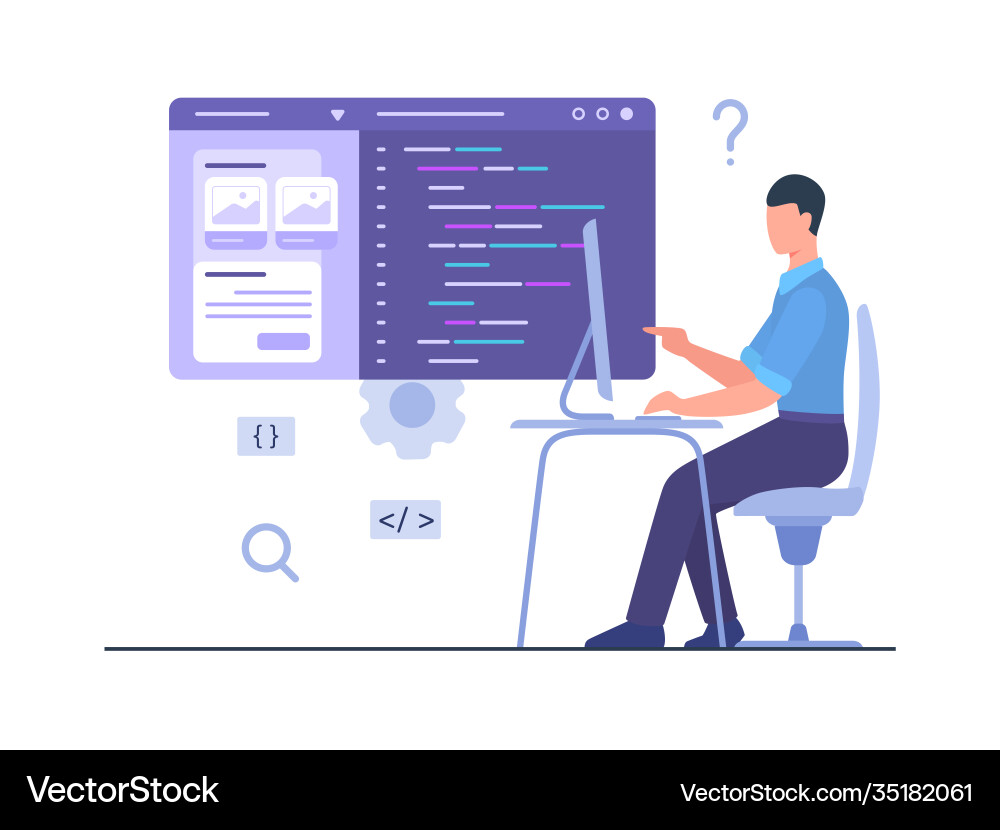Man programer sit chair work on computer create Man programer sit chair work on computer create vector image