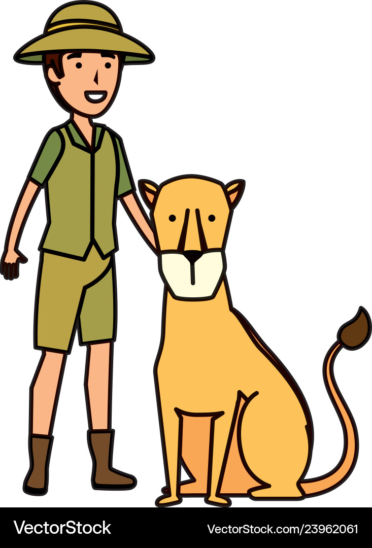 Man worker of zoo with lioness vector image