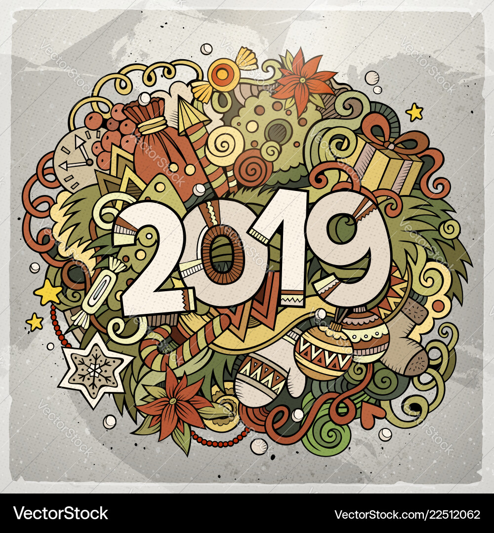 Cartoon cute doodles hand drawn 2019 year Cartoon cute doodles hand drawn 2019 year vector image