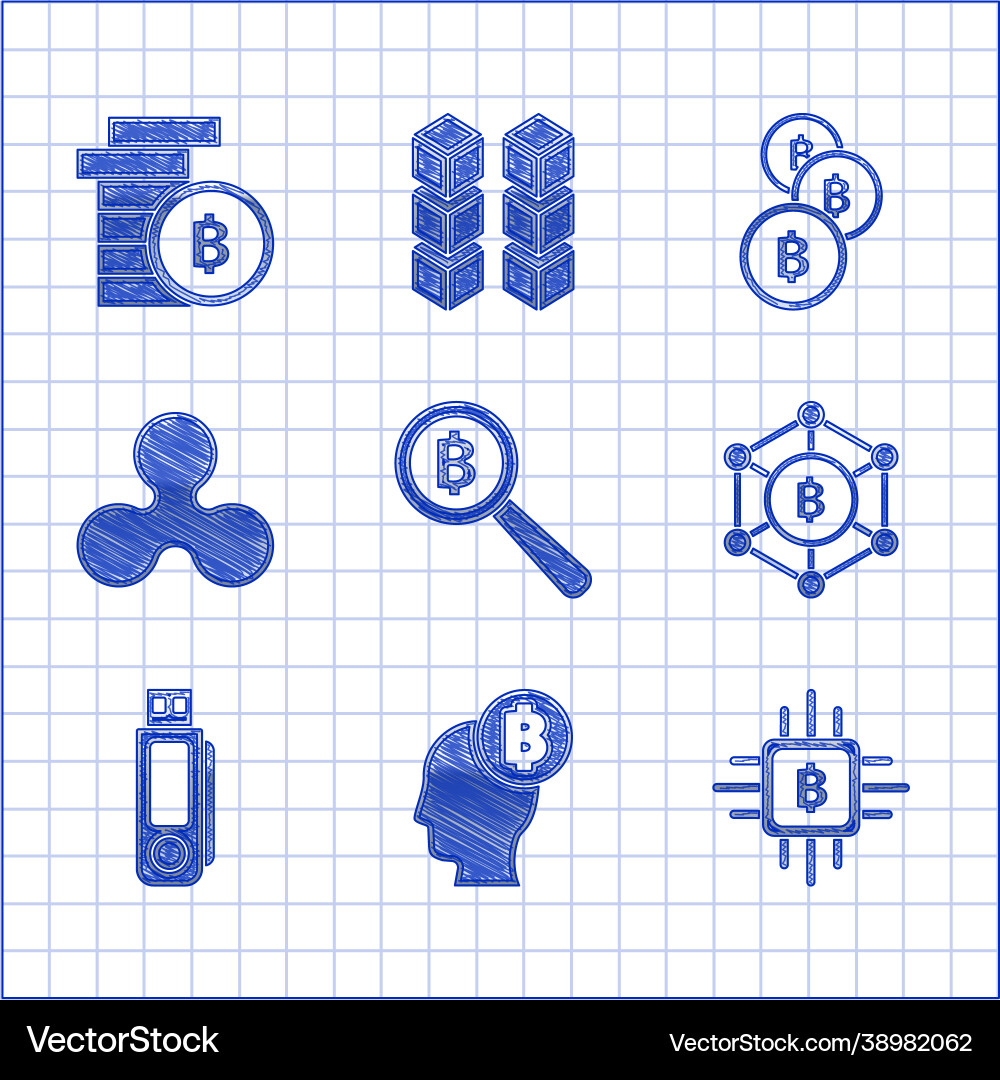 Set magnifying glass with bitcoin think cpu Vector Image